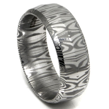 Damascus Steel Dome Beveled Wedding Band Ring