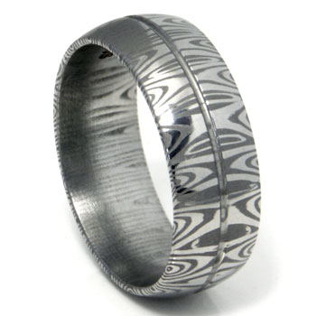 Damascus Steel Dome Wedding Band Ring w/ Groove