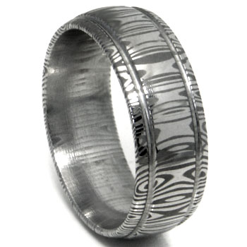 Damascus Steel Dome Wedding Band Ring w/ Two Grooves