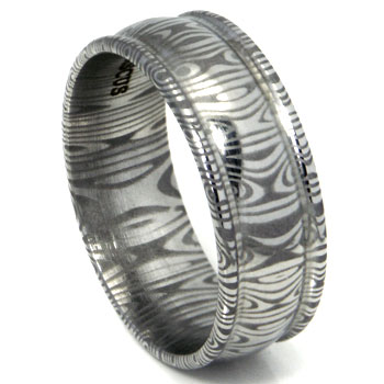 Damascus Steel Dome Wedding Band Ring w/ Ribbed Edges