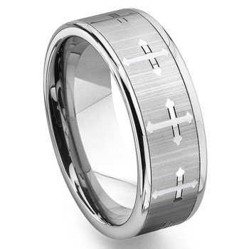 Tungsten Carbide Men's Wedding Band Ring with Cross Design Tungsten Carbide Men's Wedding Band Ring with Cross Design