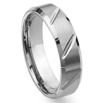 Tungsten Carbide Diamond Cut Groove Beveled Wedding Band Ring