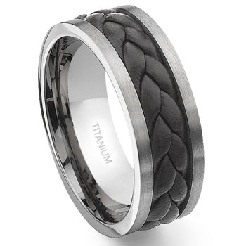 Titanium Brown Braided Leather Wedding Band Ring