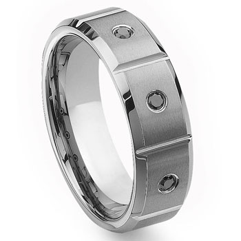 Tungsten Carbide Black Diamond Wedding Band Ring w Grooves 8mm