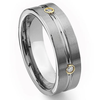 This tungsten carbide diamond wedding band ring features four brilliant 