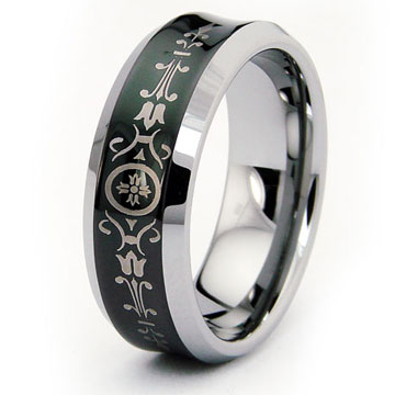 Art Deco 2 Black Concave Tungsten Carbide Wedding Band Ring