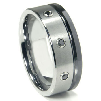 Tungsten Carbide Black Diamond Wedding Band Ring