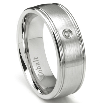 Cobalt Chrome 8MM Solitaire Diamond Wedding Band Ring w/ Ribbed Edges