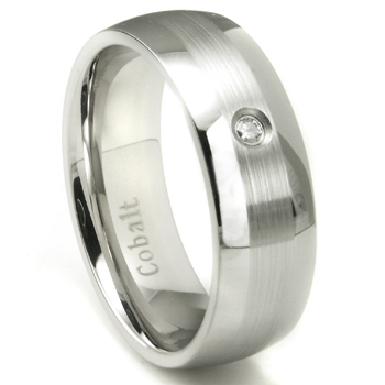 Cobalt Chrome 8MM Solitaire Diamond Dome Wedding Band w/ Brushed Center