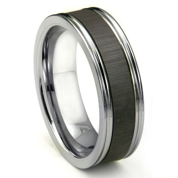 Tungsten Carbide Champagne Cermic Inlay Wedding Band Ring w/ Horizontal Satin Finish