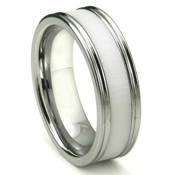 Tungsten Carbide White Cermic Inlay Wedding Band Ring w/ Horizontal Satin Finish
