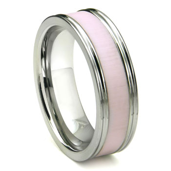 Tungsten Carbide Pink Cermic Inlay Wedding Band Ring w/ Horizontal Satin Finish