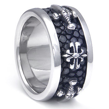 Sterling Silver Hematite Organic Stingray Leather Ring w/ Sword & Cross