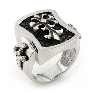Sterling Silver Hematite Organic Stingray Leather Signet Cross Ring