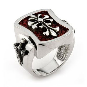 Sterling Silver Red Organic Stingray Leather Signet Cross Ring