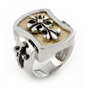 Sterling Silver White Organic Stingray Leather Signet Cross Ring