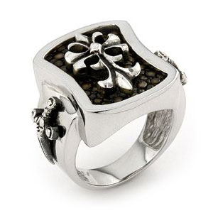 Sterling Silver Mocha Stingray Leather Fleur-de-Lis Signet Cross Ring