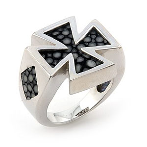 Sterling Silver Hematite Organic Stingray Leather Iron Cross Ring