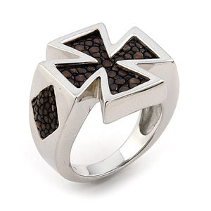 Sterling Silver Mocha Organic Stingray Leather Iron Cross Ring
