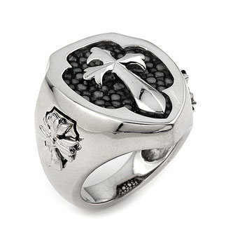 Sterling Silver Hematite Stingray Leather Cross Ring