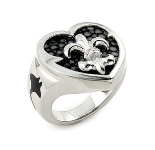 Sterling Silver Hematite Stingray Fleur-De-Lis Heart Ring
