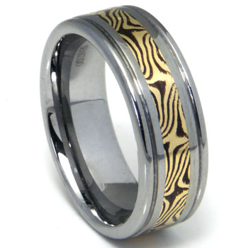Tungsten Carbide Wedding Band Ring w/ Shakudo 14K Gold Inlay