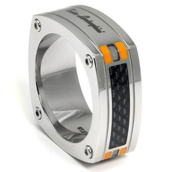 LAMBORGHINI Stainless Steel Carbon Fiber Ring w/ Orange Crystals