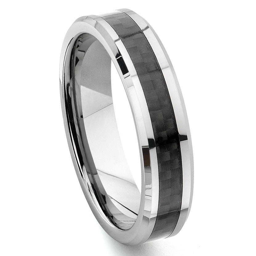 6mm Tungsten Carbide Black Carbon Fiber Men's Wedding Band Ring - Sizes 5-13