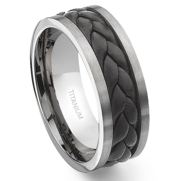 Titanium Brown Braided Leather Wedding Band Ring