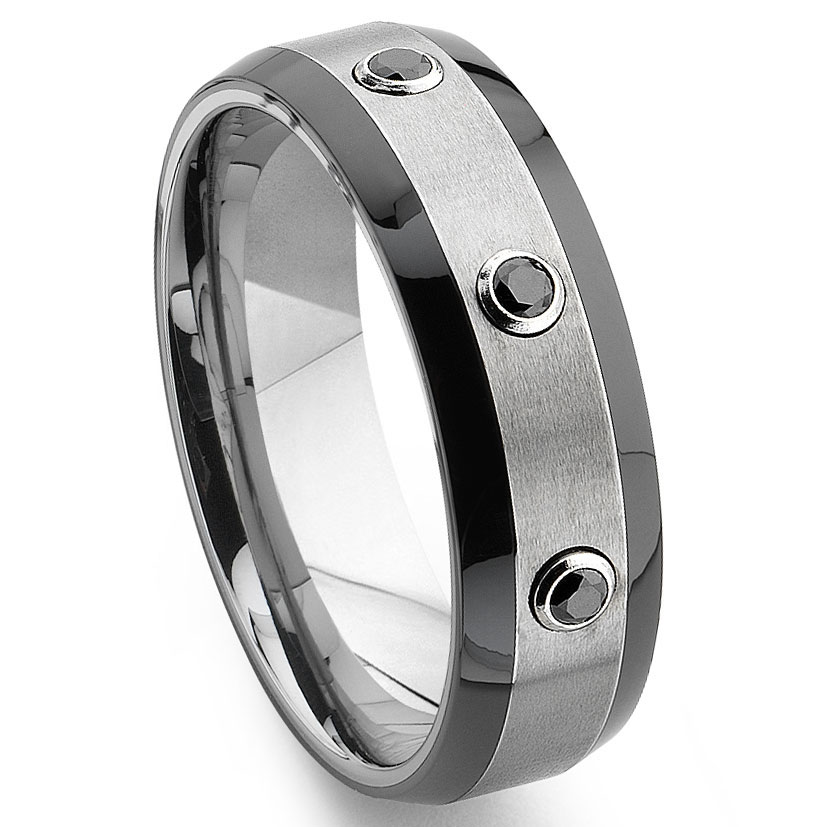 Tungsten Carbide Black Diamond Two-Tone Wedding Band Ring