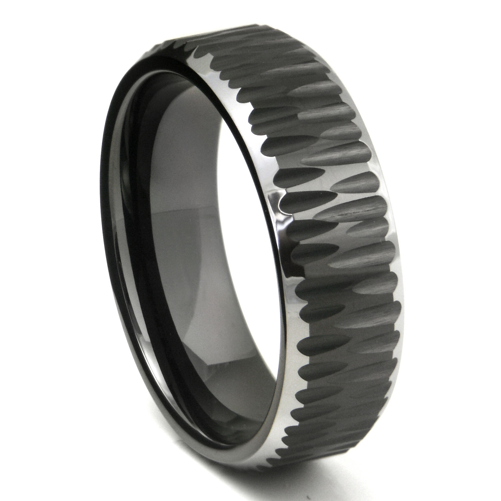 Black Tungsten Carbide Hammer Finish Beveled Wedding Band Ring