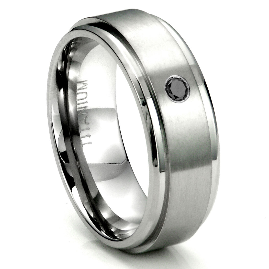 Titanium 8mm Solitaire Black Diamond Wedding Ring W Brush Center