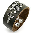 Sterling Silver Skull & Sword Leather Biker Bracelet