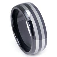 Black Ceramic Double Tungsten Carbide Inlay Dome Wedding Band Ring
