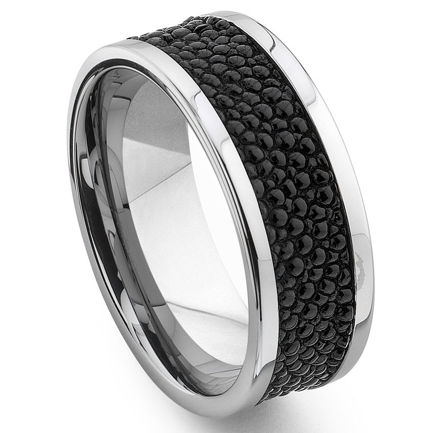 Tungsten Carbide Black Stingray Leather Band Ring