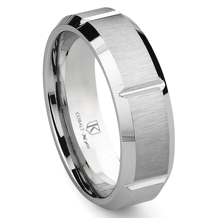 Cobalt XF Chrome 8MM Brush Finish Wedding Band Ring w/ Grooves