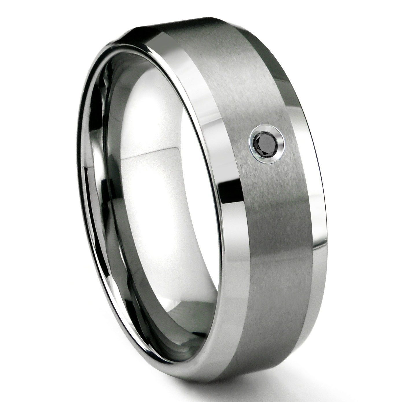 Tungsten Carbide 8MM Satin Finish Beveled Black Diamond Solitaire ...