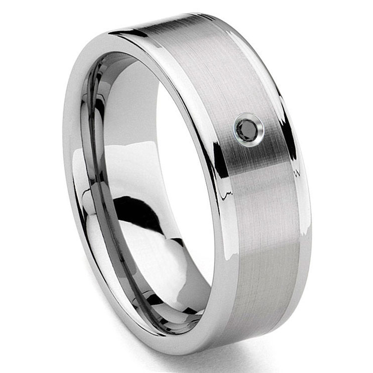 Tungsten Carbide 8MM Flat Black Diamond Men's Wedding Band Ring w ...