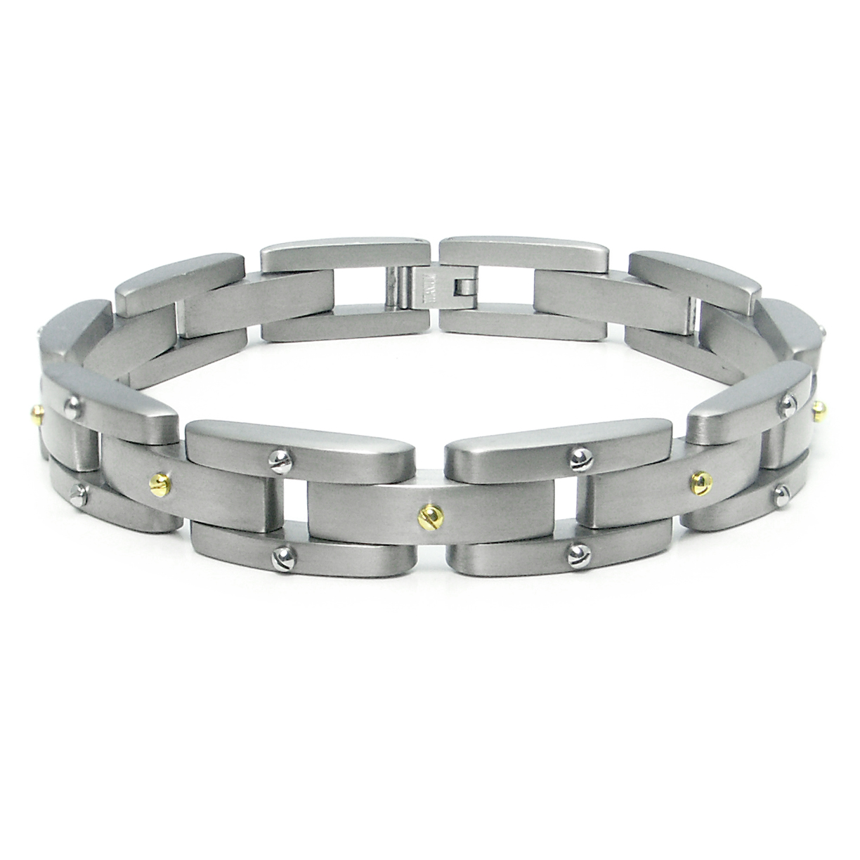 Titanium Men\'s Link Bracelet w/ Silver and Gold Screw Accents