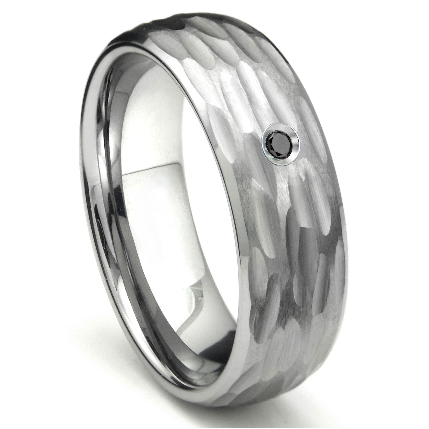 Tungsten Carbide Black Diamond Hammer Finish Dome Men's Wedding Band ...