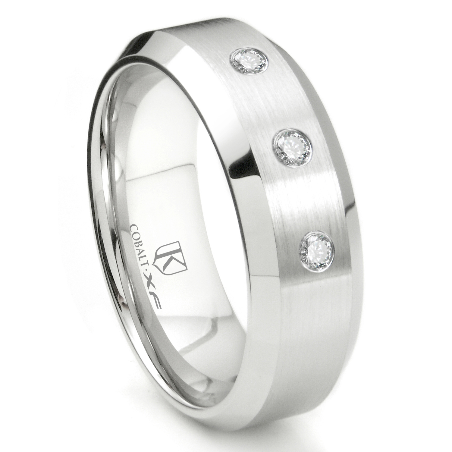 Cobalt Chrome 8MM 3 Diamond Bevel Wedding Band Ring