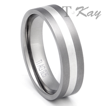 Flat Titanium Silver Inlay Wedding Ring