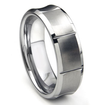 Tungsten Carbide Concave Wedding Band Ring w/ Horizontal Grooves