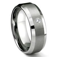 Tungsten Carbide 8MM Satin Finish Beveled Diamond Solitaire Men's Wedding Band ring