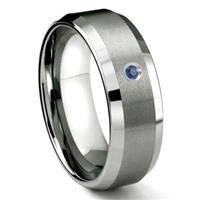 Tungsten Carbide 8MM Satin Finish Beveled Sapphire Solitaire Men's Wedding Band ring