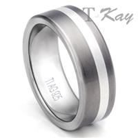 Flat 8MM Titanium Silver Inlay Wedding Ring