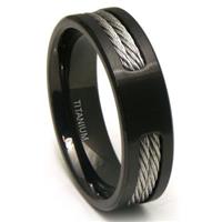 Black Titanium Double Cable Wedding Band Ring