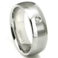 Cobalt Chrome 8MM Solitaire Diamond Dome Wedding Band w/ Brushed Center