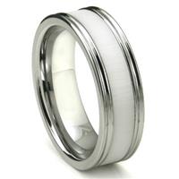 Tungsten Carbide White Ceramic Inlay Wedding Band Ring w/ Horizontal Satin Finish