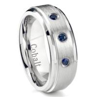 Cobalt Chrome 7MM 3 Blue Sapphire Wedding Band Ring w/ Stepped Edges